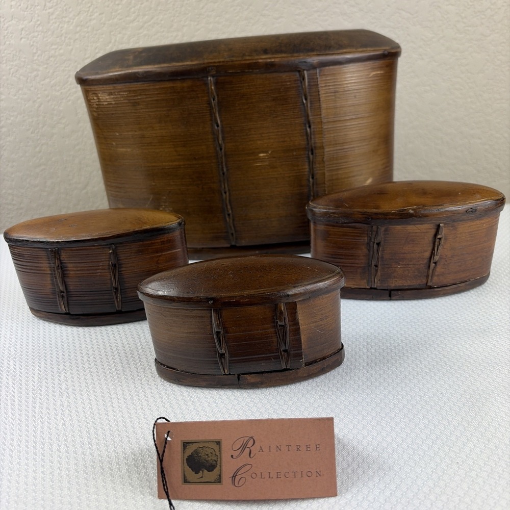 Set/ 4 Bamboo Wood Oval Telescoping Tobacco Storage Boxes Rain Tree Collection